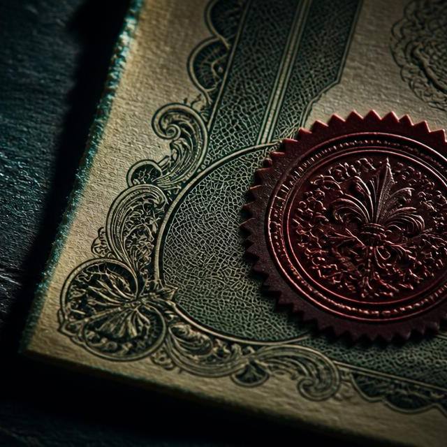 Engraved corner of an antique share certificate with an embossed seal on dark slate
