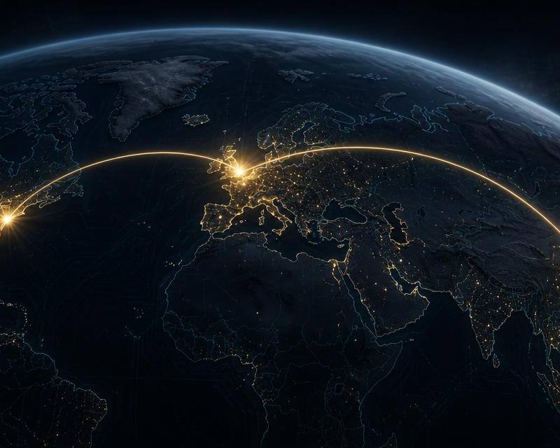 Night-side view of Earth with glowing gold nodes over Tokyo, London and New York linked by arcs of light