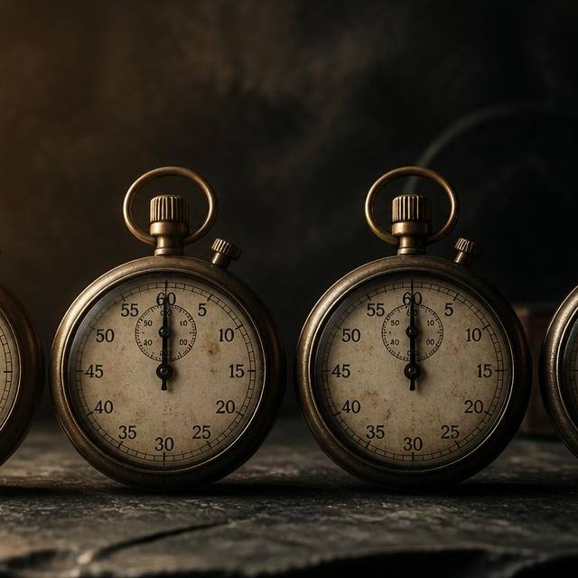 Four antique brass stopwatches in a row on dark slate, all frozen at the same moment, illustrating four derivatives contracts expiring together on quadruple witching day